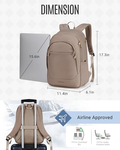 Image of LIGHT FLIGHT Travel Laptop Backpack Women, 15.6 Inch Laptop Backpack with USB Charging Hole, Water Resistant College Bookbag, Black Computer Backpacks for Work, Champagne