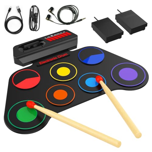 AiJoy Portable Electronic Drum Set for Kids – 7 Pads, Built-in Speaker, Rechargeable Roll-Up Drum Kit with Headphone Mode & Demo Songs – Ideal Xmas Gift for Beginners & Children
