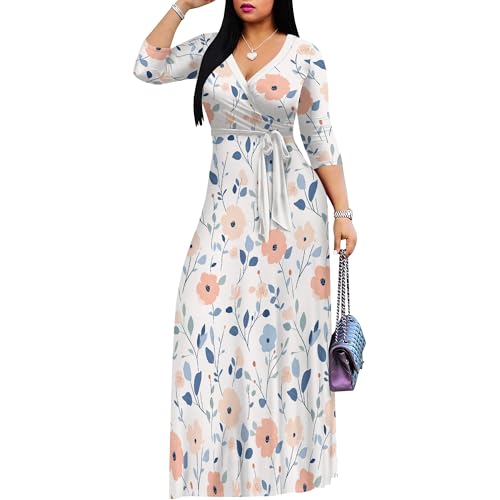 Image of PinkPatty Plus Size Maxi Dress for Women Casual V Neck 3 /4 Sleeve Boho Printed Long Dress with Pockets