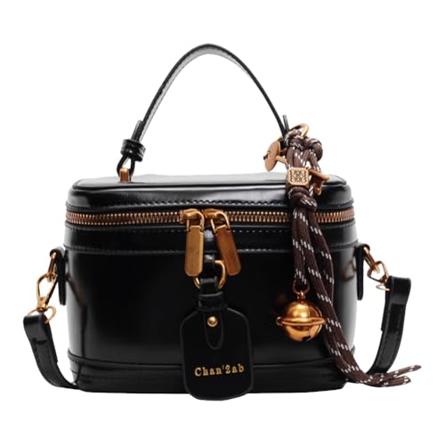 Retro PU Leather Bucket Bag for Women Zipper Closure Small Crossbody Handbags with Pendant Top Handle Casual Shopper