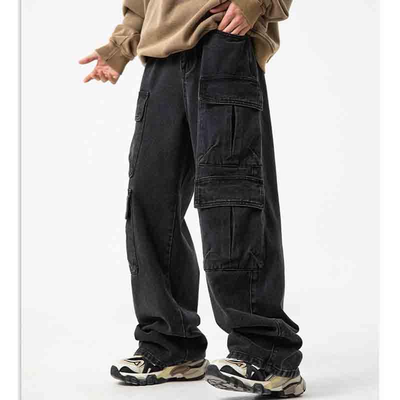 Men's Multi Pocket Design Jeans Vintage Washed and Worn Cargo Pants Loose Casual Wide Leg Pants2