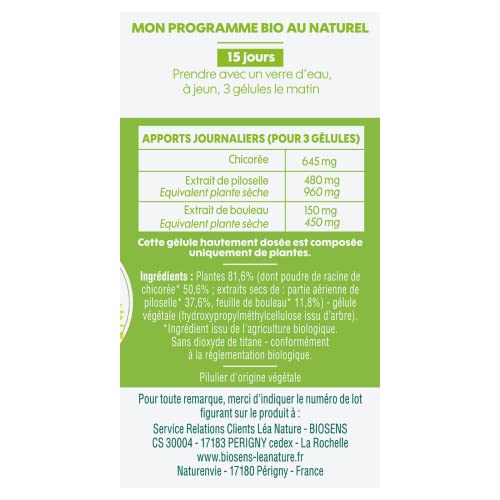 Biosens - Gélule végétale Draineur Excès d'eau - Chicorée, Piloselle et Bouleau - Certifié Bio AB Vegan - Fabriqué en France - Programme de 15 jours - 45 gélules – vue 2