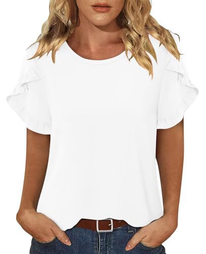 CRAZY GRID Women's Shirts Summer Casual Crewneck Ruffle Short Sleeve Blouses Cute Floral Print Tunic Tops