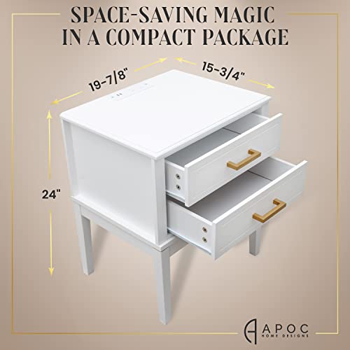 2 Drawer Nightstand With Charging Station - Mid Century Modern Nightstand With Polished Gold Handles, 2 Usb Ports & 2 Outlets - Multifunctional Smart Bedside Table For Your Home - 24" Tall (White) #TOP1