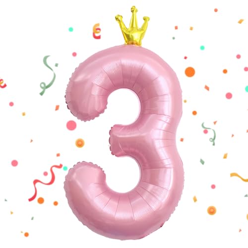 Ballon Chiffre 3 Rose Couronne,Ballon Numéro 3 Rose de 40 Pouces pour Décoration de Fête,Ballons Chiffres 3 en Aluminium,D'hélium Decoration Anniversaire...