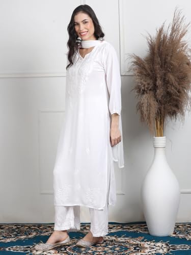 Image of Women's Luxe Lucknowi Chikankari Hand Embroidered Rayon Dyed Kurti Palazzo Dupatta Set - Designer Ethnic Wear for Wedding, Festive & Party Occasions