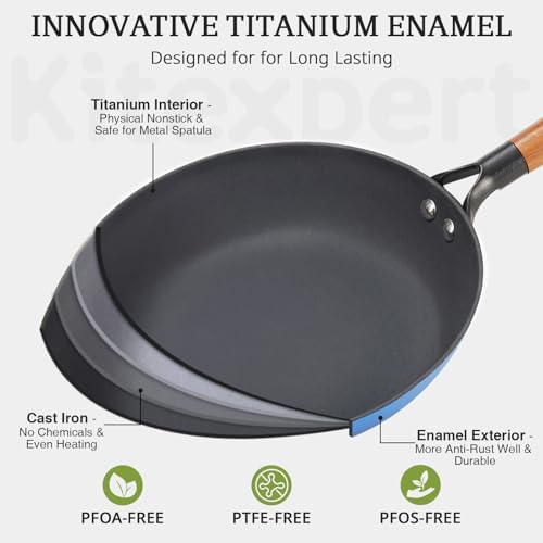 KITESSENSU Enameled Cast Iron Skillets - Non Stick Frying Pans Set with Durable Wooden Handle - 10&12 Inch Titanium Cast Iron Pans for Multi-Cooking - Pre Seasoned Cookware Set - Gradual Cobalt Blue - Thumbnail 4