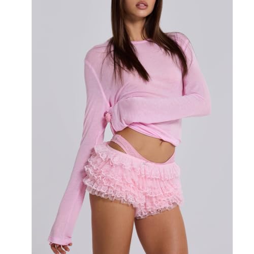 Image of Women Ruffle Bloomers Y2k Lace Trim Lolita Pettipants Cute Layered Frill Pumpkin Bottom Shorts Sweet Booty Panties