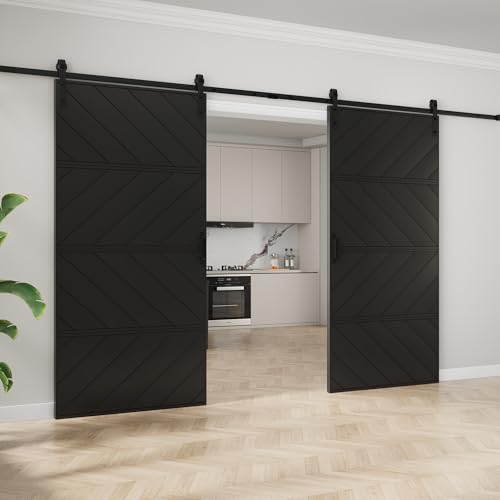 Image of 84 inchx84 inch Black Barn Door with 14FT Sliding Door Kit & Handle & Floor Guide | Pre-Drill Holes Double Barn Door For Easy Assembly, Solid Core Wood Sliding Barn Door for Water-Resistant & Sound Reduction