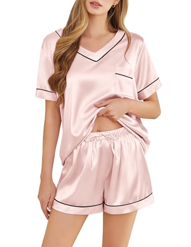 Image of Silk Pajamas for Women Short Sleeve Satin 2 Piece Pj Set Soft V Neck Sleepwear Loungewear, S-XXL