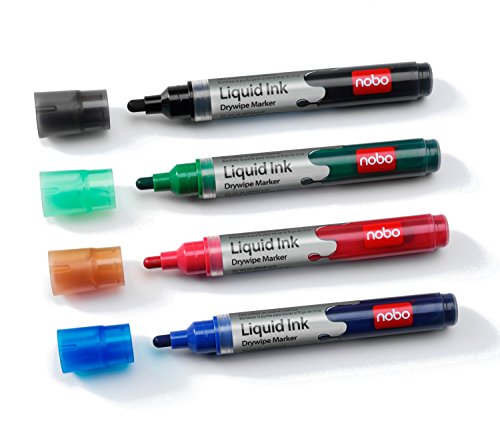 Nobo Liquid Ink Drywipe Whiteboard Pens, 3 mm Bullet Tip, Pack of 4, 1902408, Coloured