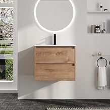 Malwee 24 Inch Floating Bathroom Vanity with Ceramics Sink, Double Drawer Soft Close Storage Cabinet Basin Top Combo, Brown Wall Mounted Vanity Set N05124