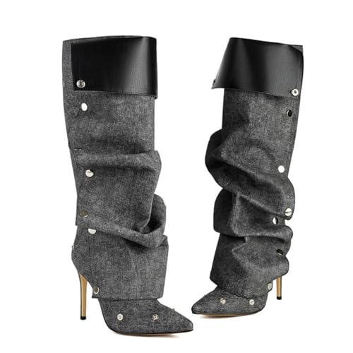 Aflngle Women's Denim Knee High Boots Pointed Toe Stiletto High Heel Zipper Long Boots Detachable Snap-Off Wide Slouchy Ruched Panel Fall Shark Boots2