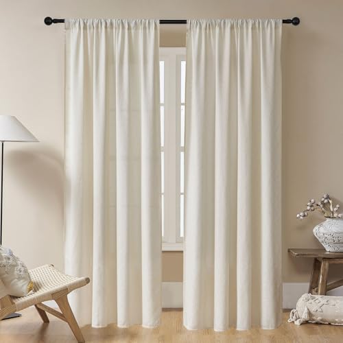 Image of Joydeco Beige Boho Curtains 90 Inch Curtains 2 Panels Set, Cream Boho Curtains for Bedroom Living Room, Super Soft Light Filtering Country Rustic Semi Sheer Farmhouse Curtains-No Tassels