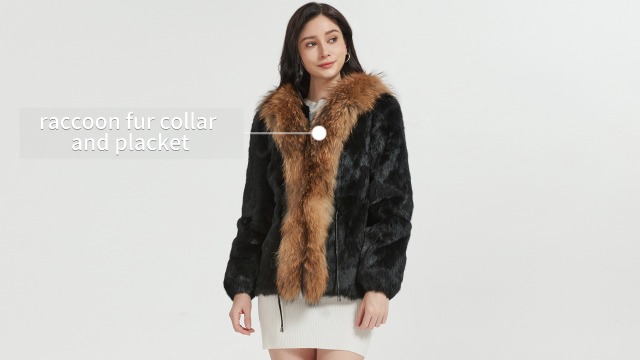 Fur Story Women's Genuine Rabbit Fur Coat with Raccoon Fur Collar