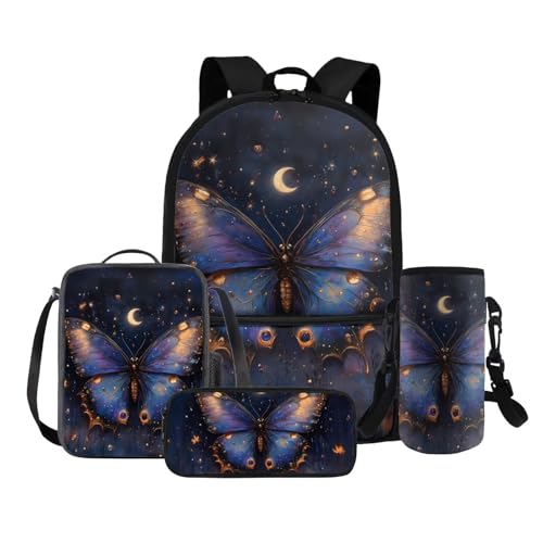 Aesthetic Butterfly Backpack for Elementary School Girls Cute 4 Pcs School Backpack Set Girls Bookbag Age 10-12 Travel Daypack Aesthetic School Bag and Lunch Box Set for Teen Women