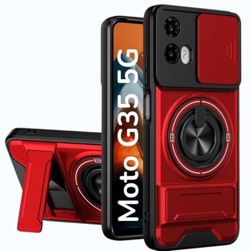 Image of Armor Camera Slider Back Case Cover for Moto G35 5G with Bracket Stand (Red)
