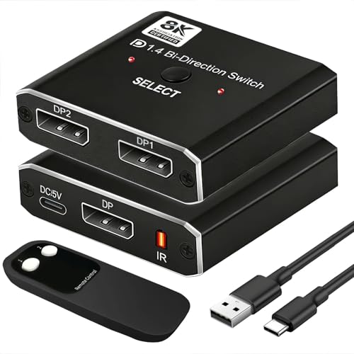 DisplayPort Switch 2 in 1 Out or 1 in 2 Out 8K DisplayPort Splitter DP 1.4 Switcher with TV Monitors Laptops PC Projectors etc