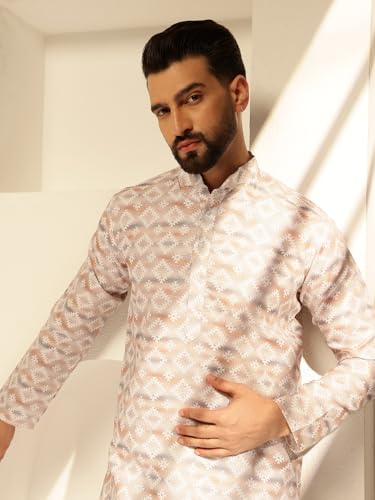 Image of SOJANYA (Since 1958 Men's Cotton Linen Abstract Printed Kurta with White Pyjama