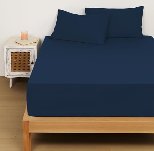 Image of LINENWALAS 100% Cotton Percale Fitted Bed Sheet with Pillow Covers | Soft, Cool & Crisp Hotel Quality Elastic Bedsheet | Queen Bed Size - 300 TC (60x78 Inches, Navy Blue)