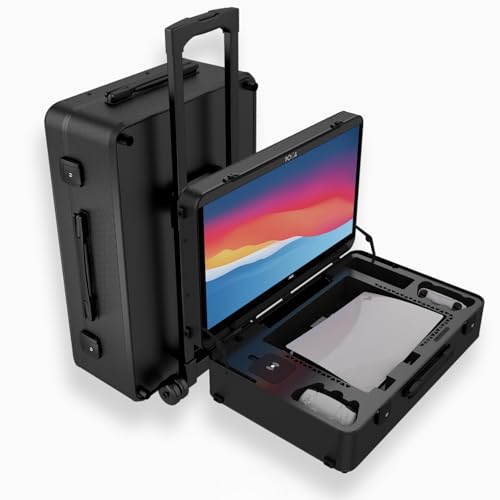 POGA Yez - Maletín de Juegos (Compatible con PlayStation 5), Maleta de Viaje con Monitor Gaming AOC 4K de 27'' y Carrito - Negro