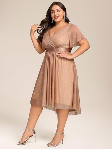 Ever-Pretty Plus Women's V Neck Pleated A Line Glitter High Low Plus Size Cocktail Wedding Guest Dresses with Sleeves3