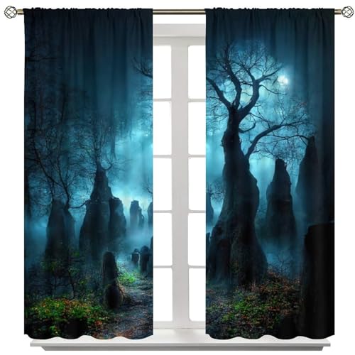 SHElifestyle Gothic Spooky Curtains, Haunted Creepy Landscape, Misty Foggy Window Treatments Fantasy, Halloween for Bedroom, Living Room W72 x L63