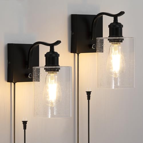 Sheenkarion Set of 2 Plug in Black Seeded Glass Wall Sconces,Farmhouse Bathroom Wall Mount...