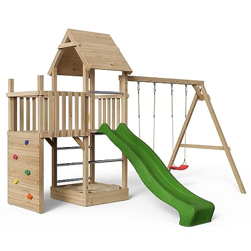 Spielturm Alex 430 - natürlich Lärche - Spielturm mit Kletterwand, Holzdach, Alusprossen, Sandkasten, Doppelschaukel und Rutsche moosgrün