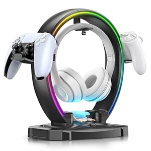 KDD RGB Headphone & Controller Stand with 9 Light Modes – Foldable Controller Hanger for Desk – Earphone Stand with Cable Organizer – for Gamers Desktop Accessories