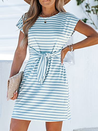 Cupshe Women's Mini Dress For Round Neck Striped Knotted Belt Short Dress Short Dolman Sleeves Formal Dress Light Blue #TOP5