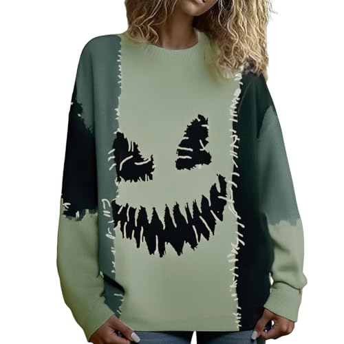 Halloween Sweaters for Women 2025 Spooky Face Print Stitched Cozy Knit Sweater Funny Patchwork Festival Tops