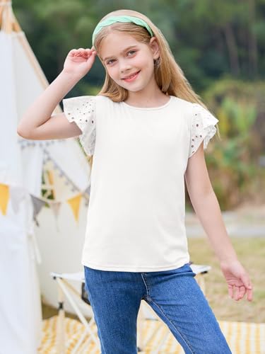 Image of Imily Bela Girls Ruffle Sleeve Shirts Crewneck Eyelet Tops 4-15 Years | Cute summer casual blouse, Soft breathable eyelet fabric with ruffle sleeves, Comfortable daily shirts for kids