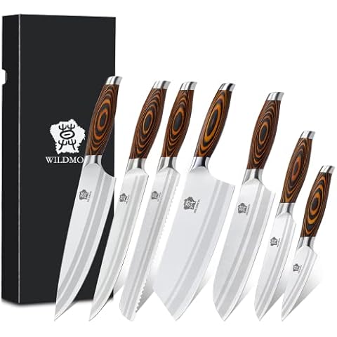 WILDMOK 7-teiliges Küchenmesserset mit Premium-Pakkawood-Griff Deutsches Stahlmesserset Inklusive Hackmesser-Kochmesser Santoku-Messerset Cover