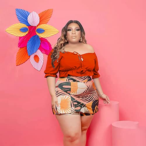 Image of Women Plus Size Skirt Two Piece Outfit Short Sleeve Off The Shoulder Crop Top shorts Dress Suit Set