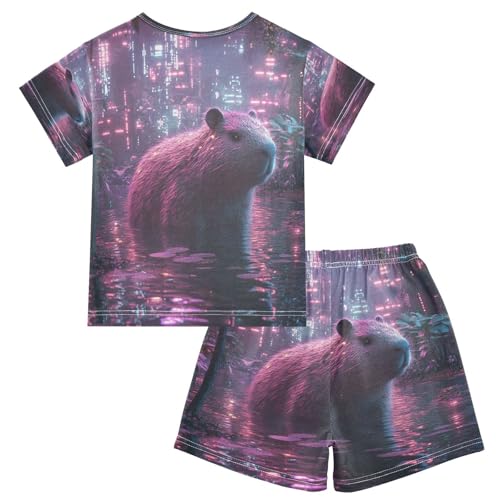 Pajama Sets Short Sleeve Cute Neon Capybaras Soft Cotton Summer Sleepwear 2 Piece PJS Size 5-14T2