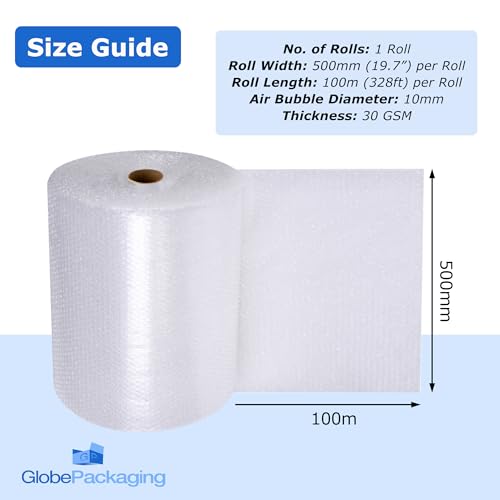 Globe Packaging 500mm x 100m Large Bubble Wrap Roll with Small Air Bubbles - Cushioning & Protection Packaging for Moving House, Ecommerce and Storage