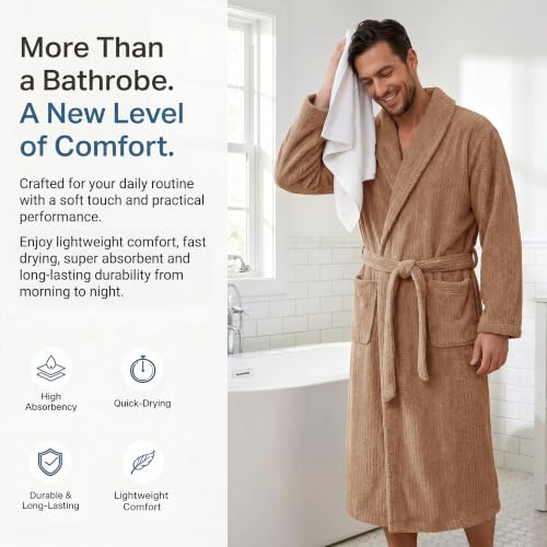 Image of PJGGZ Men's Shawl Collar Bathrobe, Soft Long Towel Robe for Men - Super Absorbent Quick Dry yet Warm