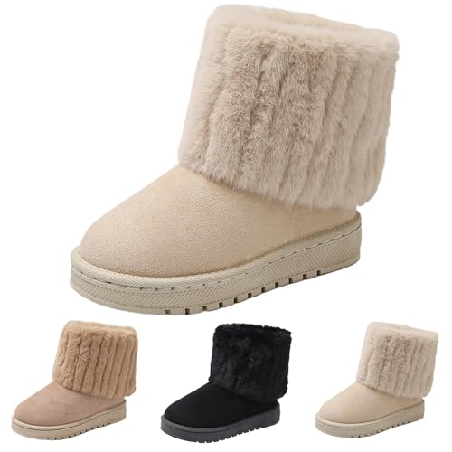Little Kid Faux Fur Mid Calf Snow Boots - Big Kid Round Toe Suede Warm Fur Lined Platform Flat Comfort Outdoor Winter Fashion Boots