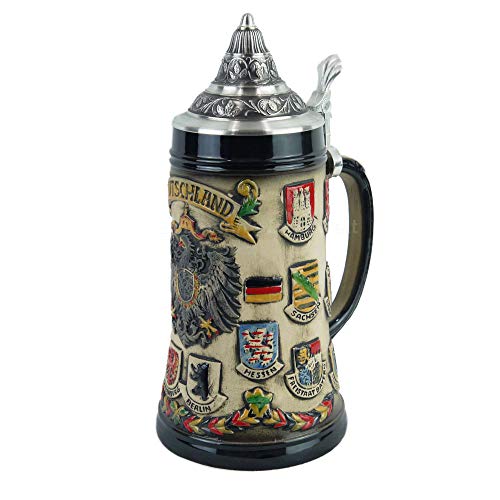 A-Z Super Preiswert Bierkrug Deutschland Rustika 0,5L mit Zinndeckel, Keramik, Bierkrug, Zylinder, 500 Milliliter, Zuhause