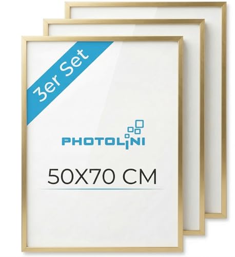 PHOTOLINI Bilderrahmen 50x70 Gold 3er Set Holz MDF 50x70 cm Bilderrahmen groß Rahmen 70x50 Puzzle bruchsicheres Acrylglas picture frame zum Aufhängen Fotorahmen für Puzzle Fotos & Poster