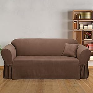 SureFit Home Decor Soft Suede Box Cushion Sofa One Piece Slipcover Relaxed Fit Polyester Machine Washable Chocolate Color