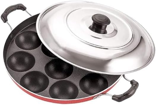 Medium Size Non-Stick Appam Patra – 12 Cavity Appe Pan with 2 Side Handles and Stainless Steel Lid