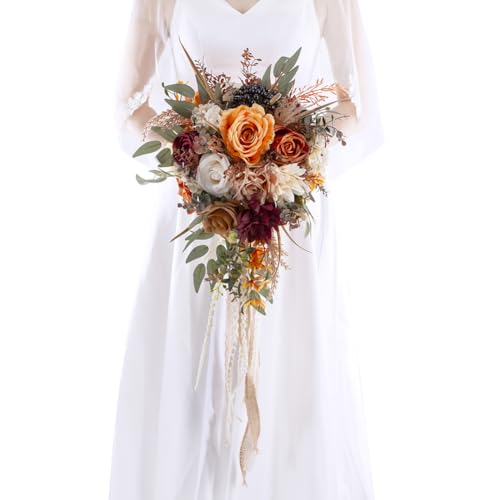 Floinla 12 Inch Cascade Wedding Bouquets for Bride, Fall Burnt