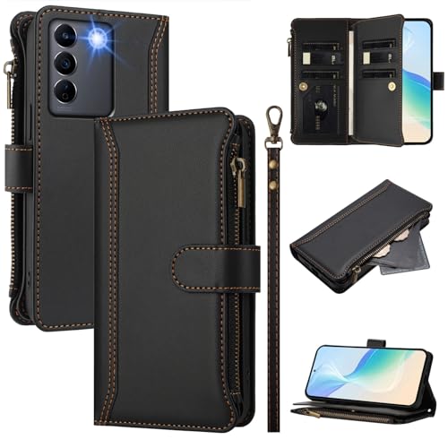 Rfvzubemok Compatible with Vivo V27 / V27 Pro,Compatible with Vivo S16 / S16 Pro Cover,Flip Kickstand Double Card Slots Zipper Wallet Case Black