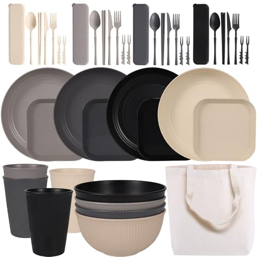MORAINJAY Unbreakable Dinner Set for 4,Reusable Plastic Camping Plates Bowls Cups Cutlery Lightweight Dinnerware Set with Storage Bag,Microwave&Dishwasher Safe,Picnic,Camping Essentials(Neutral Color)