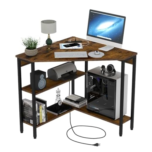 Auromie Corner Desk with Outlets & USB Ports, 90 Degree Triangle Corner Table with CPU Stand & Storage Shelves for Small Space, Computer Table with Charging Station for Home Office Bedroom (Rustic)