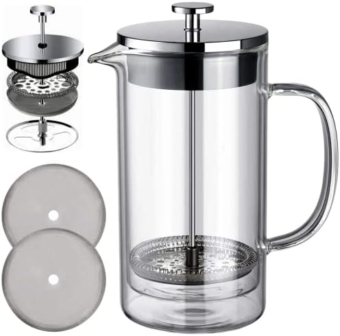 Unnki French Press Coffee Maker,304 Stainless Steel Double Wall Borosilicate Glass Coffee Press,with Multiple Filtration System,2 Extra Filters,600ml 20 Oz Clear
