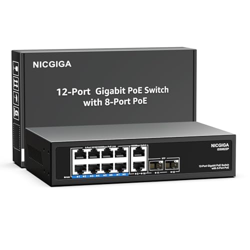 12-Port Gigabit PoE Switch Unverwaltet mit 8 Port IEEE802.3af/at PoE+@120W 2 x 1000Mbps Uplink + 2 x 1G SFP NICGIGA 8-Port Netzwerk-Power-Over-Ethernet-Switch