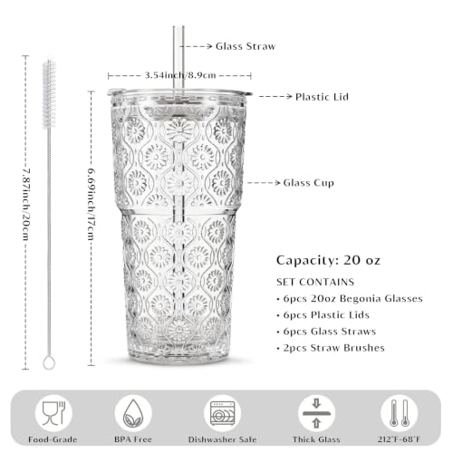 Image of INSETLAN 20 oz Begonia Flower Glass Tumbler Set of 6 - Thickened Glass Cups with Lids and Glass Straws for Iced Coffee, Smoothies, Milk, Water, and More - Elegant& Durable Drinkware